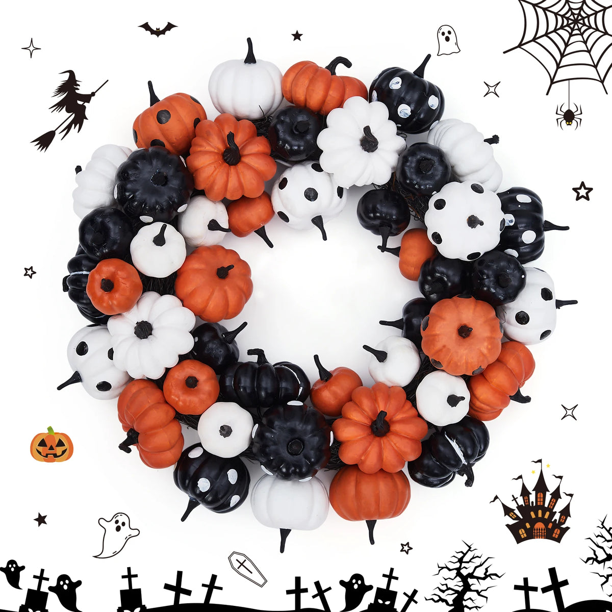 Halloween Pumpkin Wreath, with Orange, Black and White Pumpkins, Rattan Bottom Thanksgiving Indoor Home Party Decor