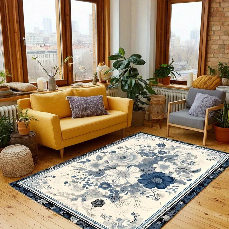 Luxurious High-End Blue And White Floral Pattern  Floor Mat, Elegant Design, Comfortable And Beautiful, Suitable for Bedrooms And Living Rooms