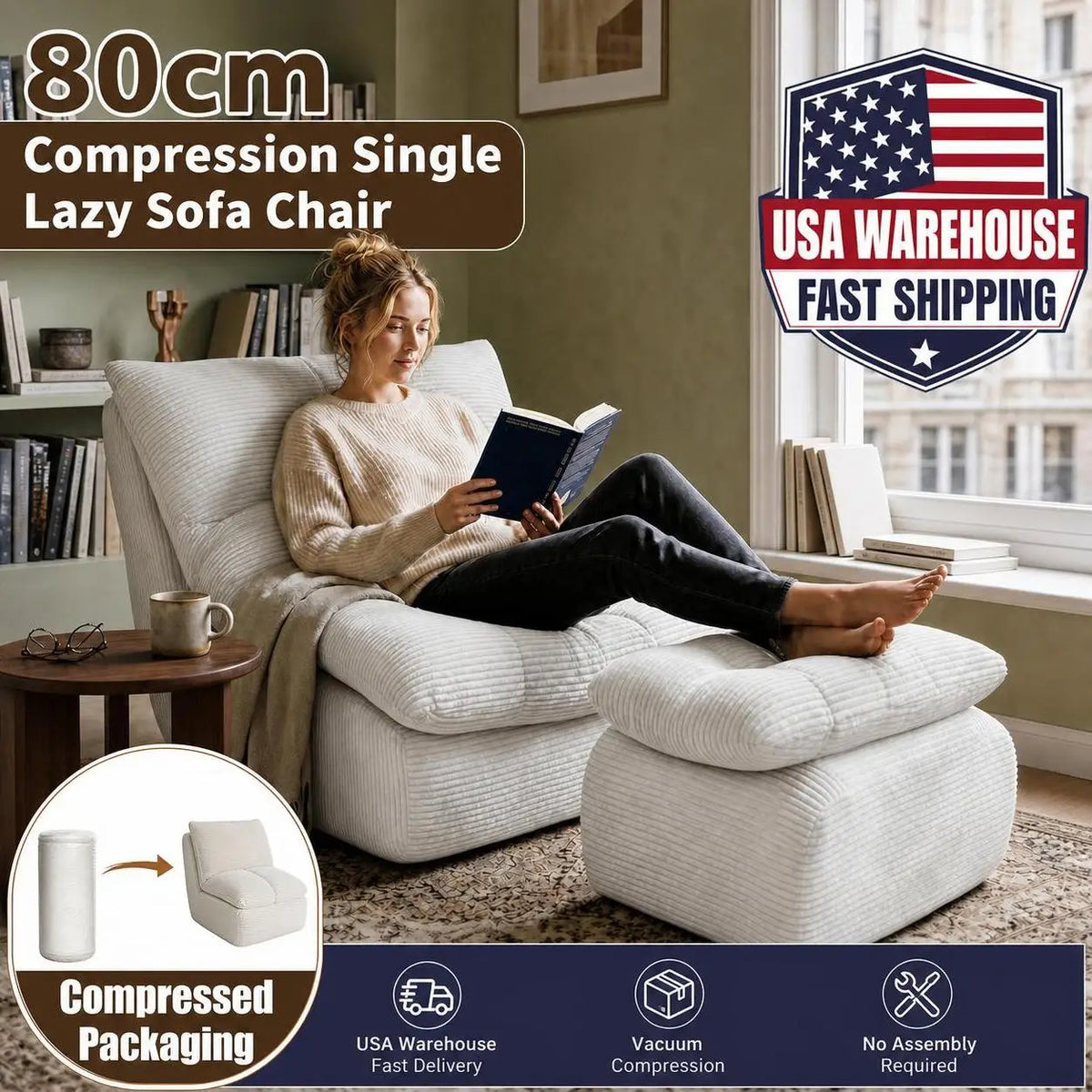 80cm Sponge Modern Compression Single Lazy Sofa Chair Soft Backrest Leisure Armchair for Small Apartment Balcony Living Room Bedroom Study Minimalist Tatami Lounge Seat