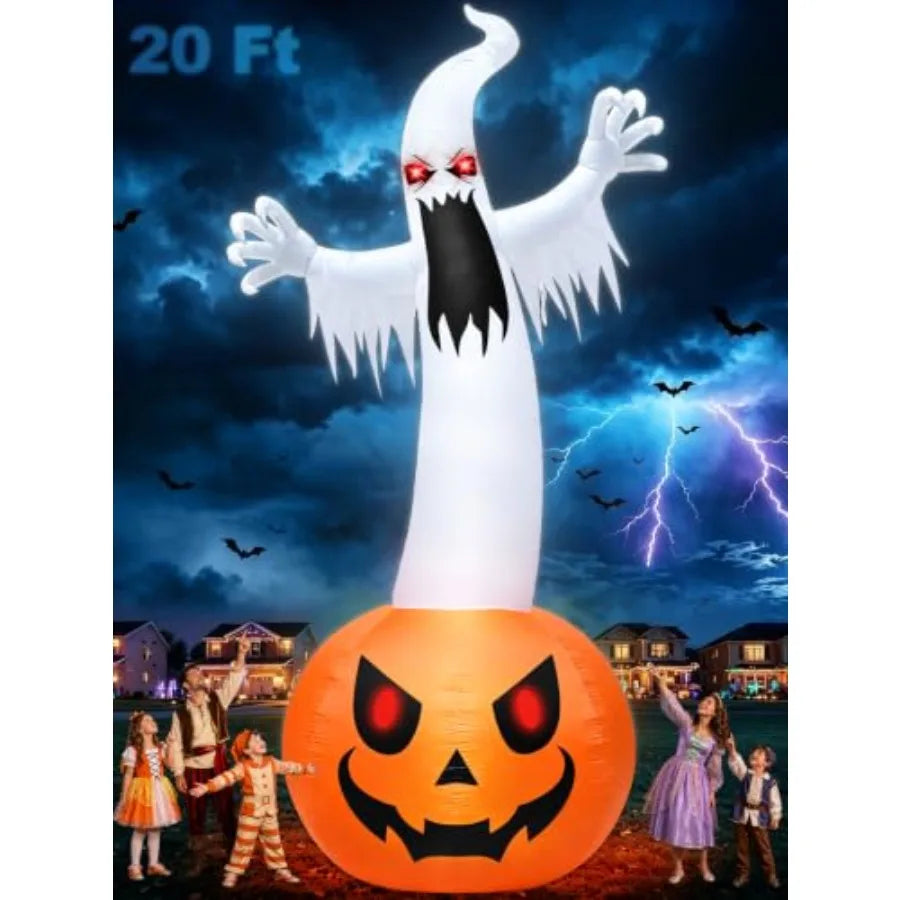 Halloween outdoor yard decoration: super giant 20 FT inflatable pumpkin ghost, PVC material, orange and white, built-in 9 LED l