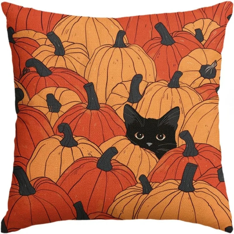 1pc 2D Flat Printed Throw Pillow, Featuring a Playful Little Black Cat Hidden Among Orange-Red Pumpkin Clusters, Simple Cartoon Art Style, Full of Autumn Atmosphere, Cute and Soothing, Suitable for Living Room and Halloween T