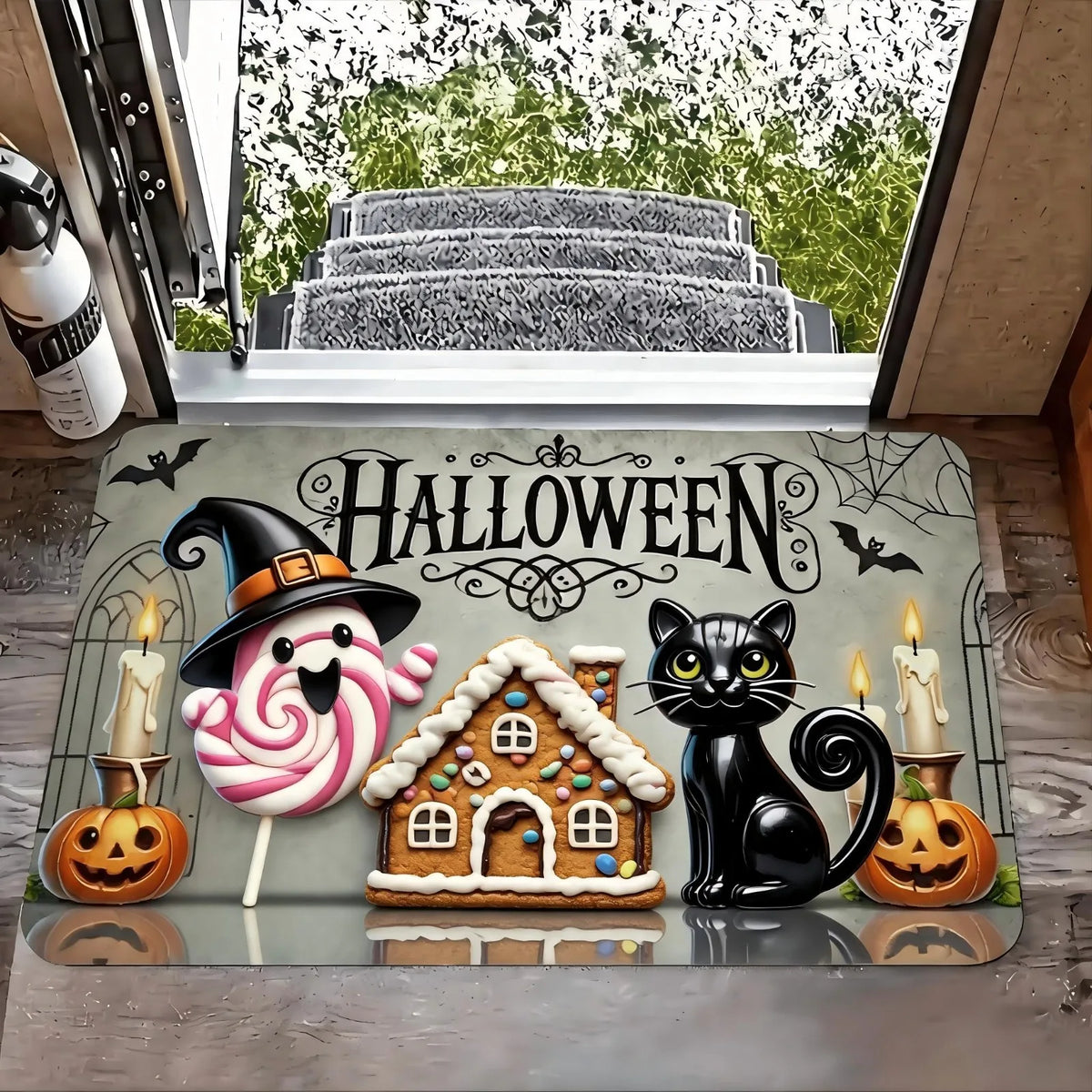 1pc Door Mat with Halloween Pumpkin and Cat Design, Welcome Floor Mats, Polyester Area Mat for Laundry Room and Kitchen, Room Decoration, Guest Room Decor