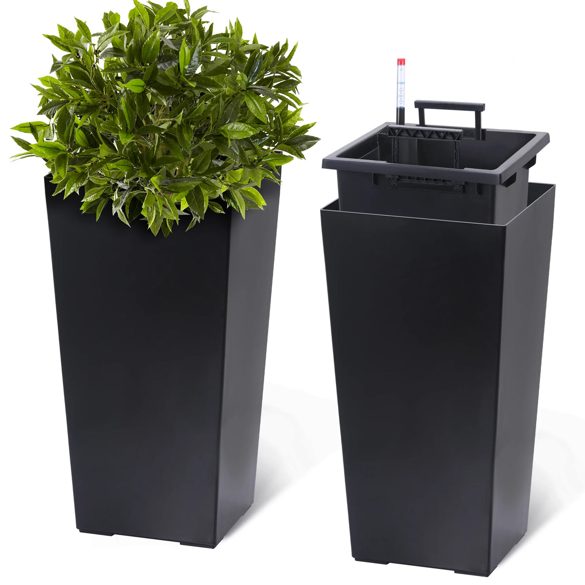 Tall Planters Set of 2, Outdoor＆Indoor Black Planter Pots, High Front Porch Planter Pots With Drainage Holes＆Water Level Monitor＆Inner Bucket, Automatic Watering