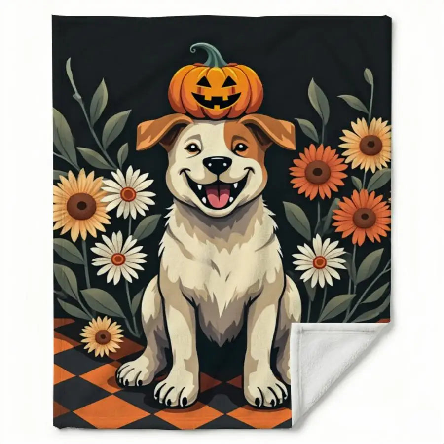 1pc 280GSM Cooling Flannel Throw Blanket, Halloween Design with Smiling Dog and Jack-o-lantern, Soft Skin-friendly Fluffy Fabric for Room, Sofa, Party, Indoor and Outdoor Use 2D Flat Weighted Blanket, 2D Flat