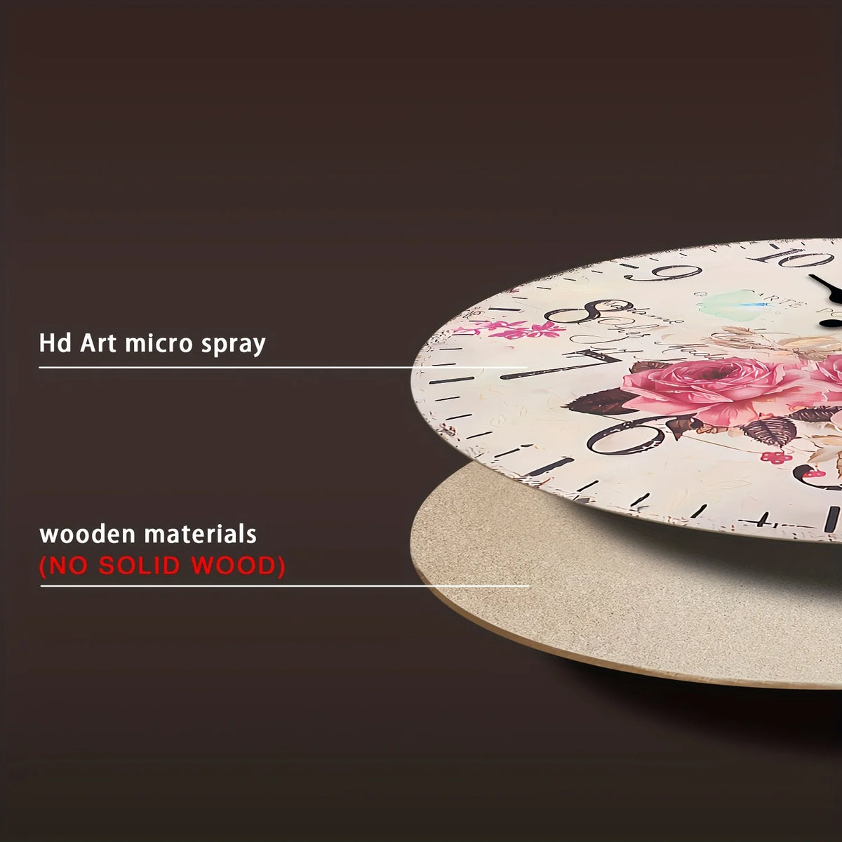 1pc 25.4-35.56 cm Wooden Large Rose Floral Wall Clock - Battery Powered, Silent And Soundproof, Suitable for Living Room, Bedroom, Home, Kitchen, Aesthetic Room Decor Clock, Ideal Holiday Gift (Battery Not Included)