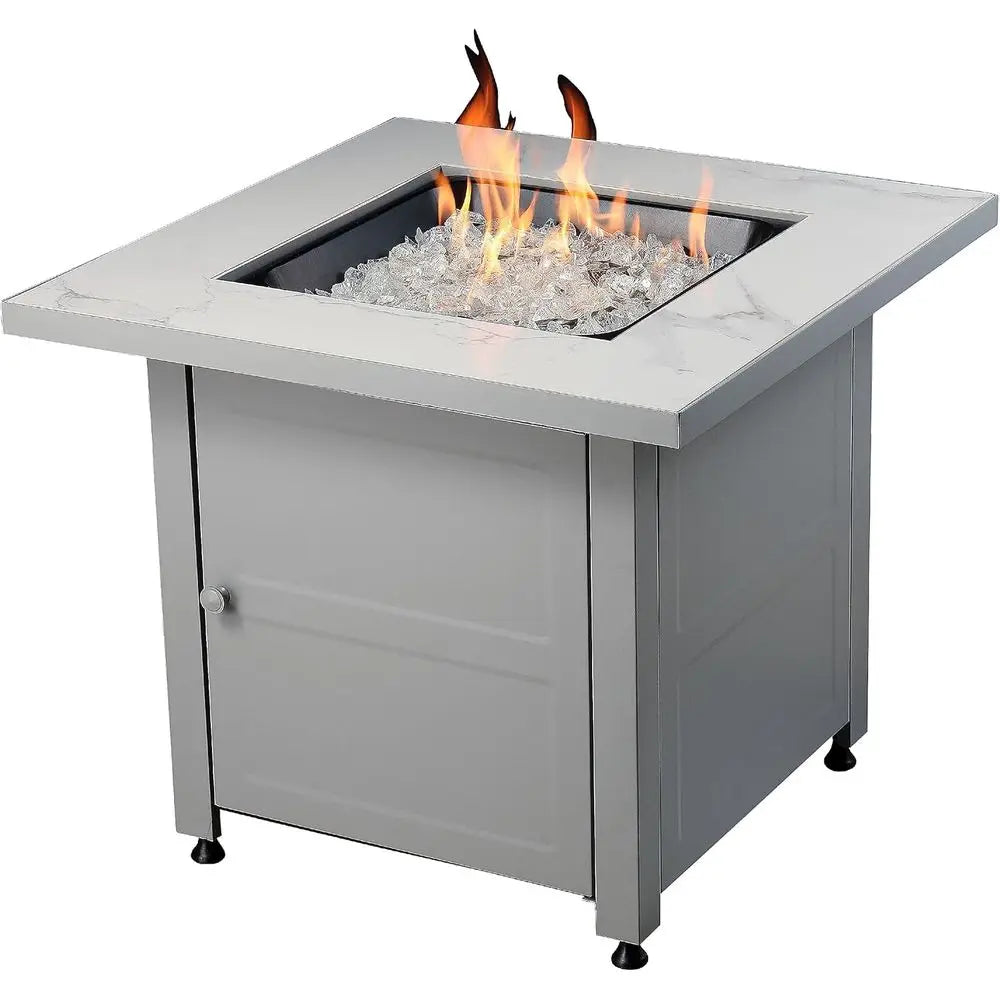 30 Inch Square Outdoor Gas Fire Pit Table with Marble Mantel, Slate Finish, White Fire Glass, and Protective Cover