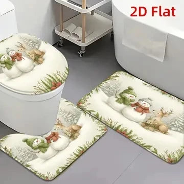 Christmas Snowman Deer Bathroom Mat Set, 2D Flat Non Slip Bath Rug with Toilet Seat Cover, Winter Holiday Bathroom Decor