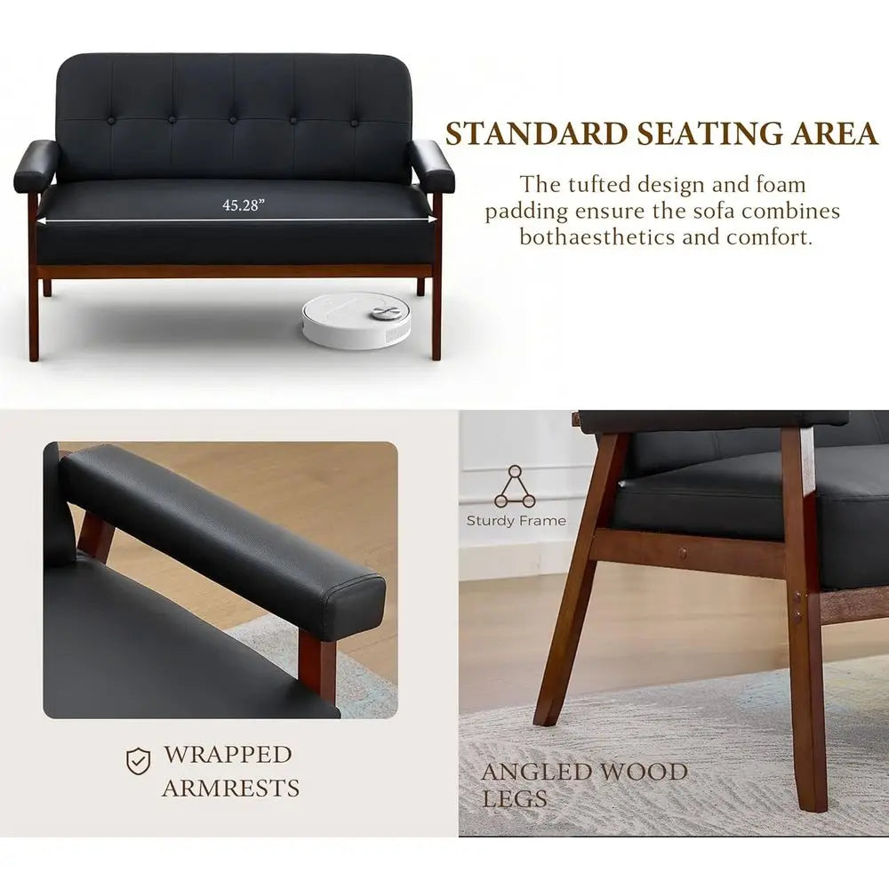 50”W Black aux Leather Small Oice Couch Loveseat Soa with Wood Arms, Century ern Love Seat Soas Lounge Armchair Living Room Bedr