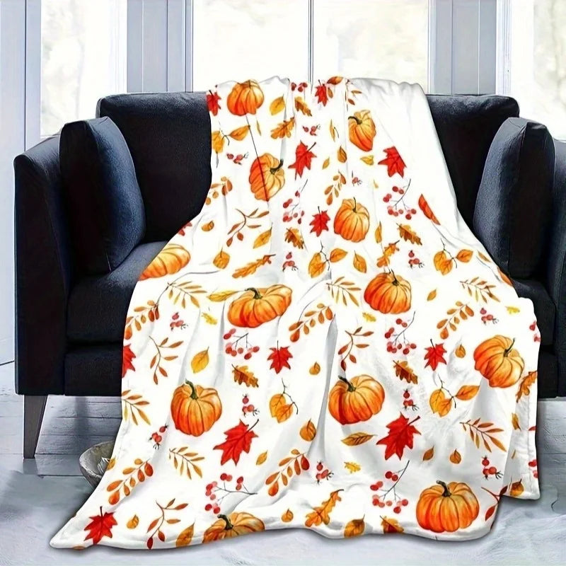 1 Autumn Leaves and Pumpkin Print Flannel Blanket, Soft Warm Throw for Sofa, Office,, Camping, Travel, Multi-Purpose Holiday Gift