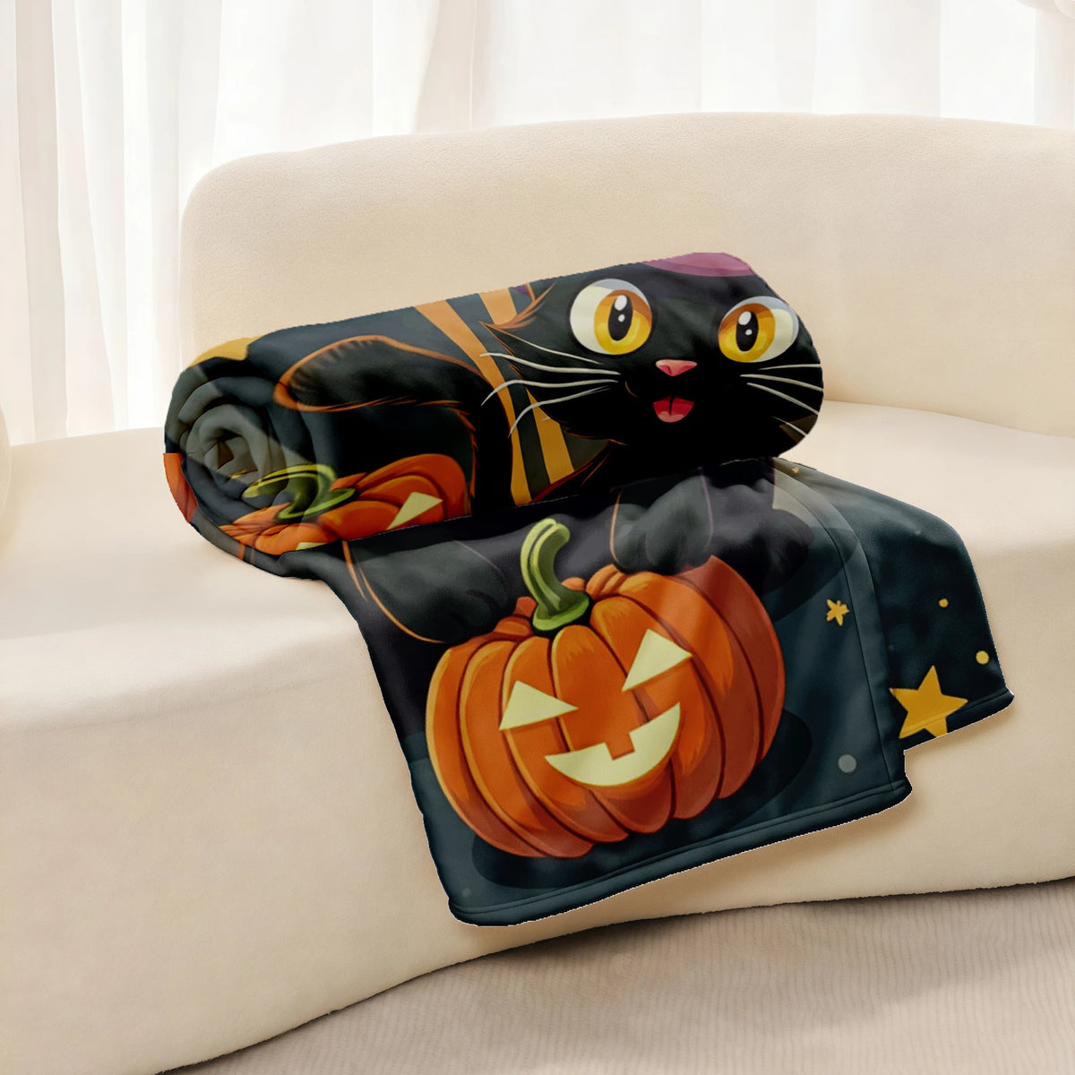 Whimsical Halloween Cat Flannel Blanket with Witch Hat And Jack-O'-Lanterns, Soft Warm Throw Featuring Orange And Blue Striped Background, Durable Machine Washable Home Decor for Autumn Festivities And Cozy Gifts