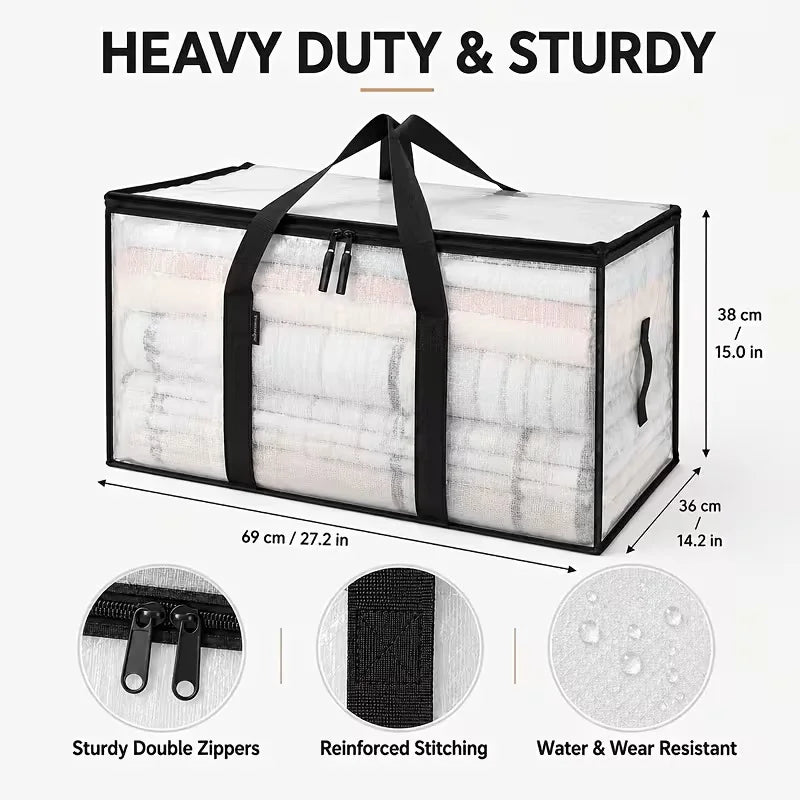 5pcs Heavy-Duty Moving Bags with Reinforced Handle - Oversized Storage Totes, Snap-Close Lid & Plastic Suitable for Clothes, Quilts,, Moving Supplies - Space Saver Bags(Includes 3 Drawstring Pockets)