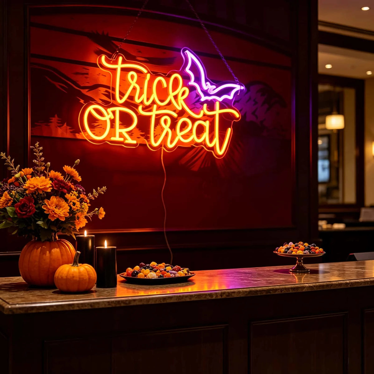 USB Powered Trick OR Treat LED Neon Sign with Bat Halloween Neon Light Wall Hanging Lamp for Party Home Bar Bedroom Window Holiday Decor