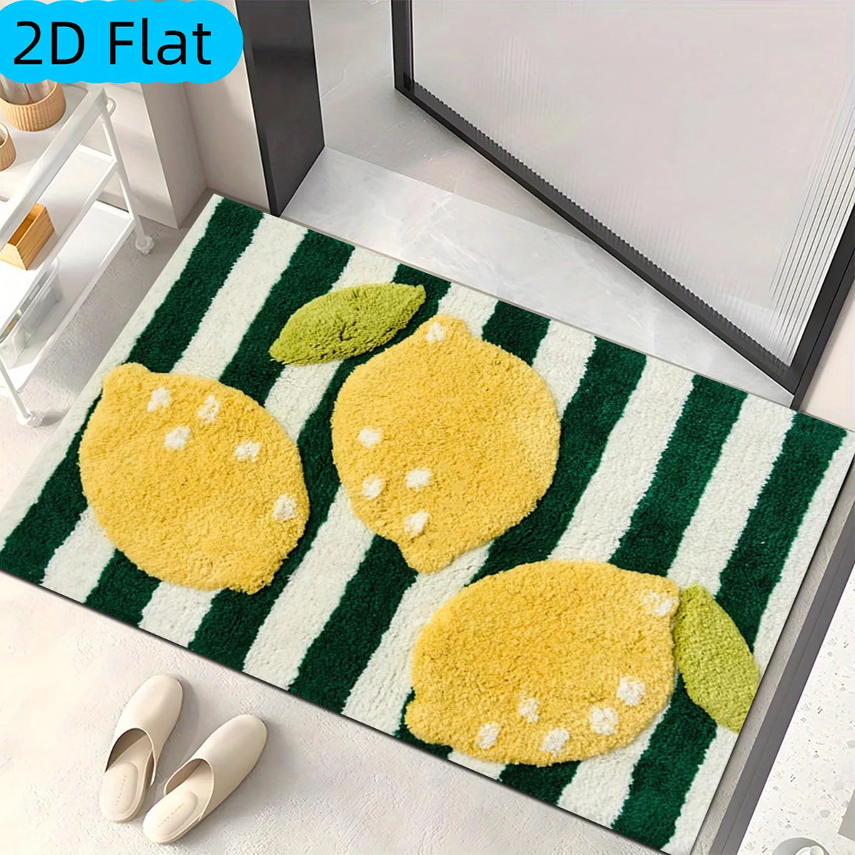 [2D Flat]1pc Green And White Striped with Lemon Pattern Bathroom Mat, Velvet Material, Short Pile, Non-Slip, Absorbent, Suitable for Bathroom Anti-Slip