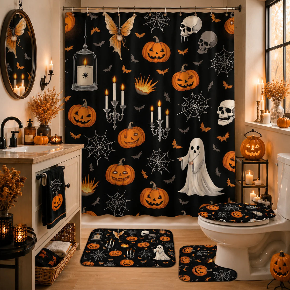 4pcs Halloween Printed Shower Curtain Set, Includes 12 Plastic Hooks, Machine Washable, Bathroom Accessories, Holiday Decor, Holiday Gift, Bathroom Decoration, Home Decor