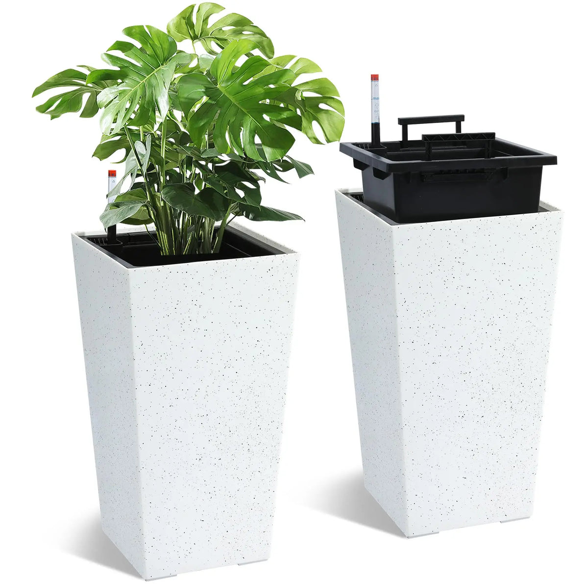 Tall Planters Set of 2, Outdoor＆Indoor Black Planter Pots, High Front Porch Planter Pots With Drainage Holes＆Water Level Monitor＆Inner Bucket, Automatic Watering
