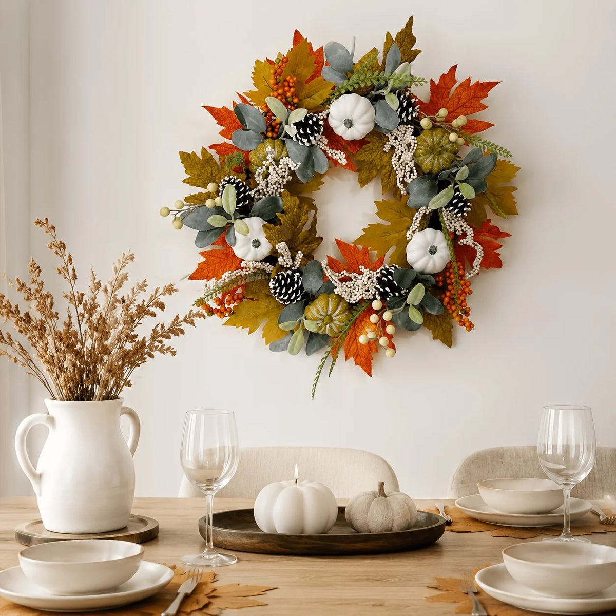 1pc Fall Artificial Pumpkin Wreath with Maple Leaves, Berries, Pinecones And Eucalyptus, Thanksgiving Halloween Home Door And Wall Decor