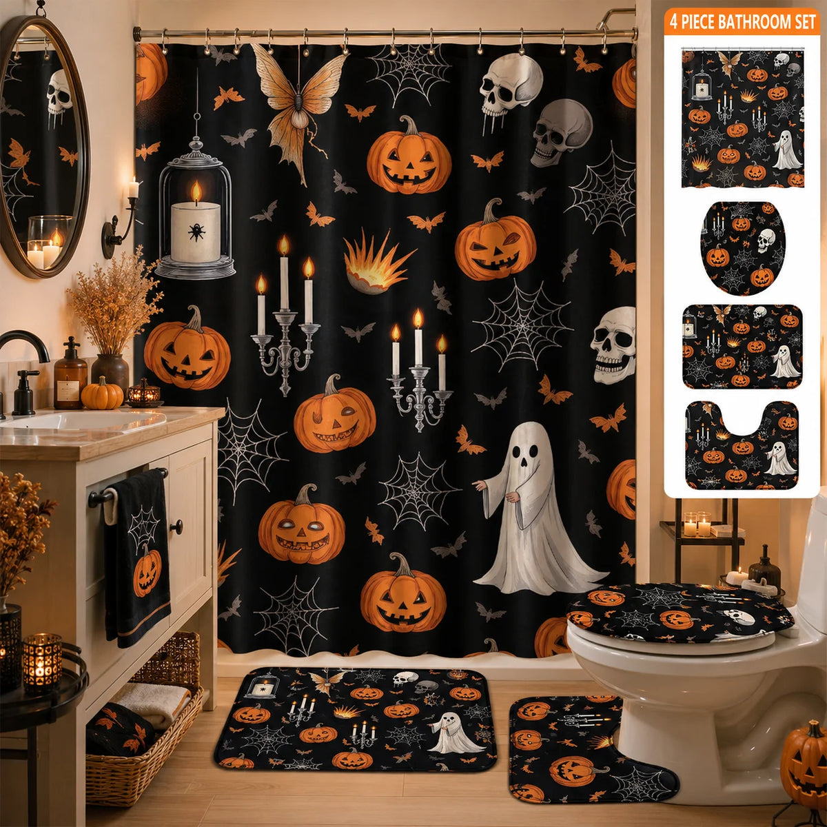 4pcs Halloween Printed Shower Curtain Set, Includes 12 Plastic Hooks, Machine Washable, Bathroom Accessories, Holiday Decor, Holiday Gift, Bathroom Decoration, Home Decor