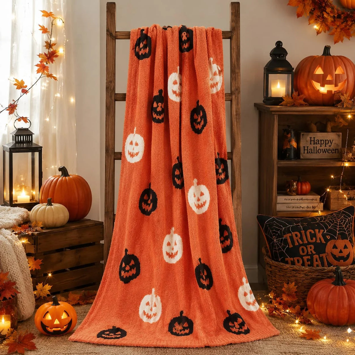 Snuggle Sac Halloween Throw Blanket Orange Pumpkin Blanket, Black Striped Halloween Throw Blanket for Couch 50x60 inches, Ultra Soft Decorative Striped Pumpkin Blanket
