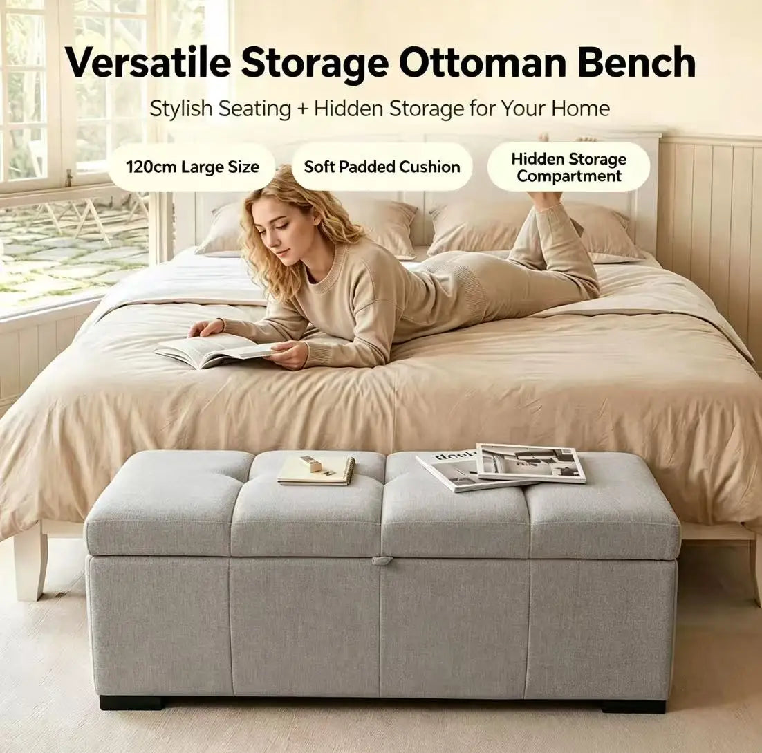 Storage Bench With Hidden Compartment Linen Upholstered Entryway Seat