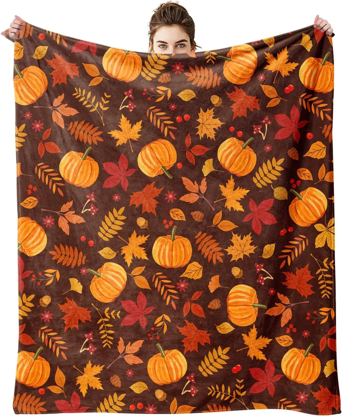 50"x60" Fall Pumpkin Maple Leaf Throw Blanket, Red Brown Soft Flannel Fleece Blanket, Warm Cozy Thanksgiving Harvest Decorative Blanket for Sofa Couch Chair, Fall Home Gift for Family Friends