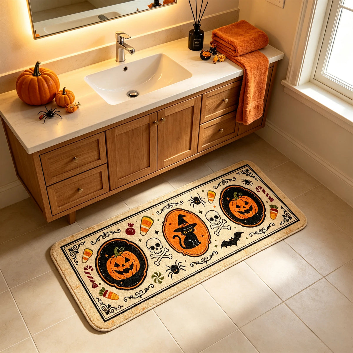 Halloween Pumpkin Ghost Carpet Flannel Non-slip Floor Mat Kitchen Bathroom Dinning Live Room Sofa Bedside Rugs Doormat Trick Or Treat Party Supplies Home Decor Welcome Mats