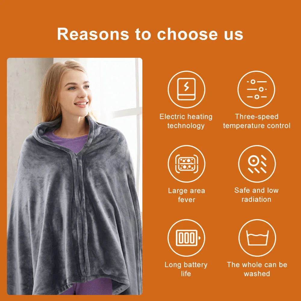 Coral Velvet Heating Blanket, 3 Heat Levels, Fast Heating USB Heating Shawl, 9 Heated Zones, Portable Thermal Blanket for Winter