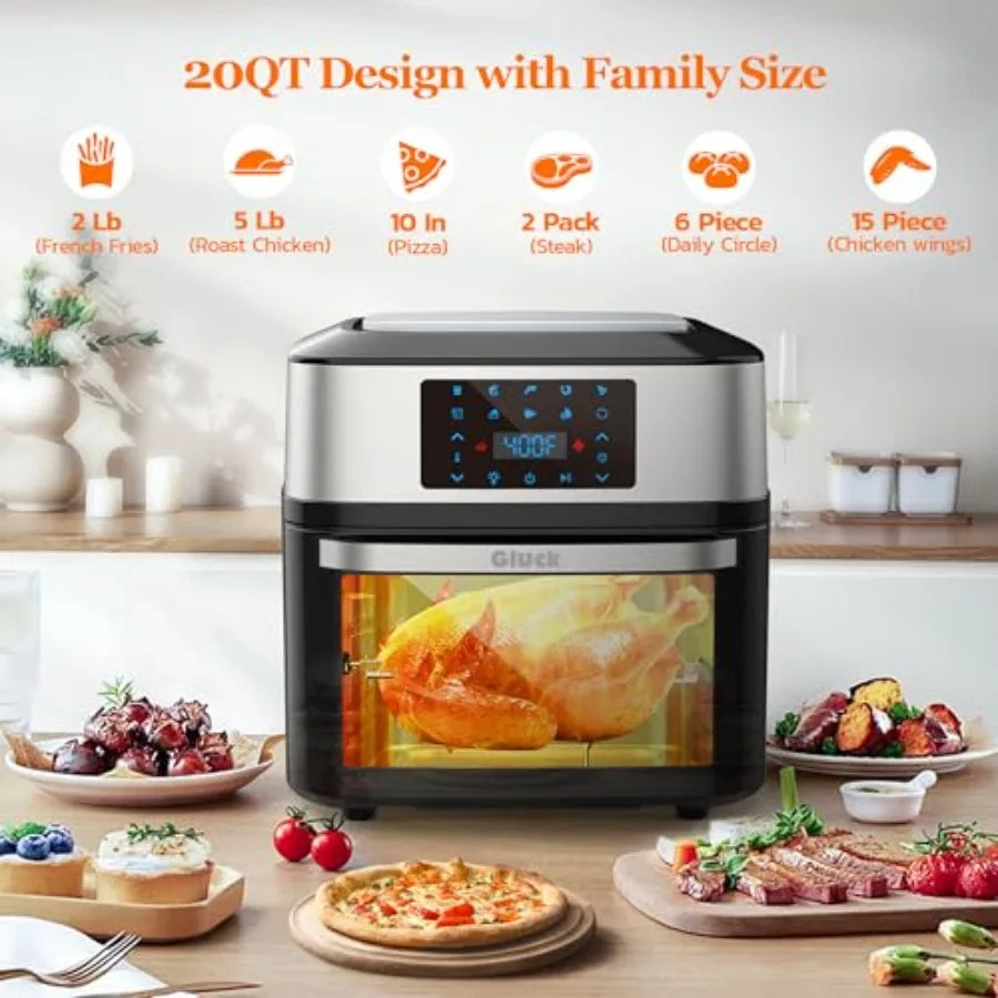 Air Fryer Oven Large 20 QT for kitchen use, stainless steel body, black finish, 10-in-1 multifunctional airfryer toaster combo
