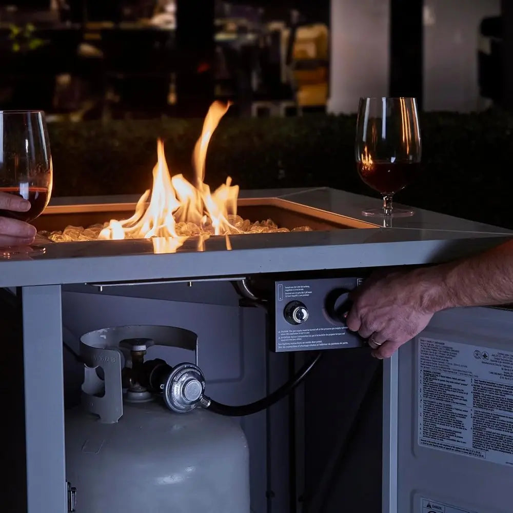 30 Inch Square Outdoor Gas Fire Pit Table with Marble Mantel, Slate Finish, White Fire Glass, and Protective Cover