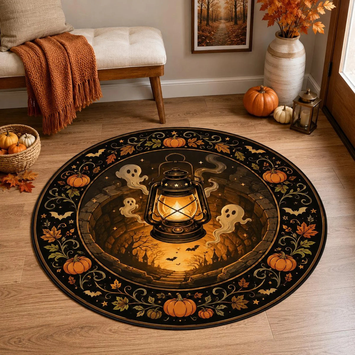 Ghostly Lantern Round Rug, Autumn Rug, Cozy Halloween Decor