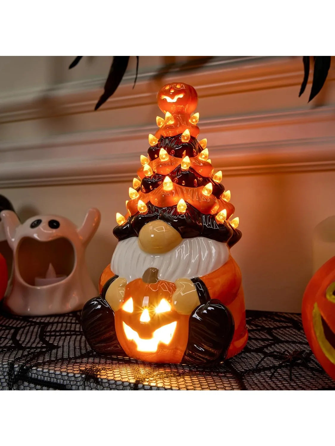 8.5inch Pumpkin Gnome Ceramic Tree Halloween Decoration with Build-in LEDs Tabletop Decor for Halloween Indoor Party Supplies Decoration, Battery Operated, Home Party Decors