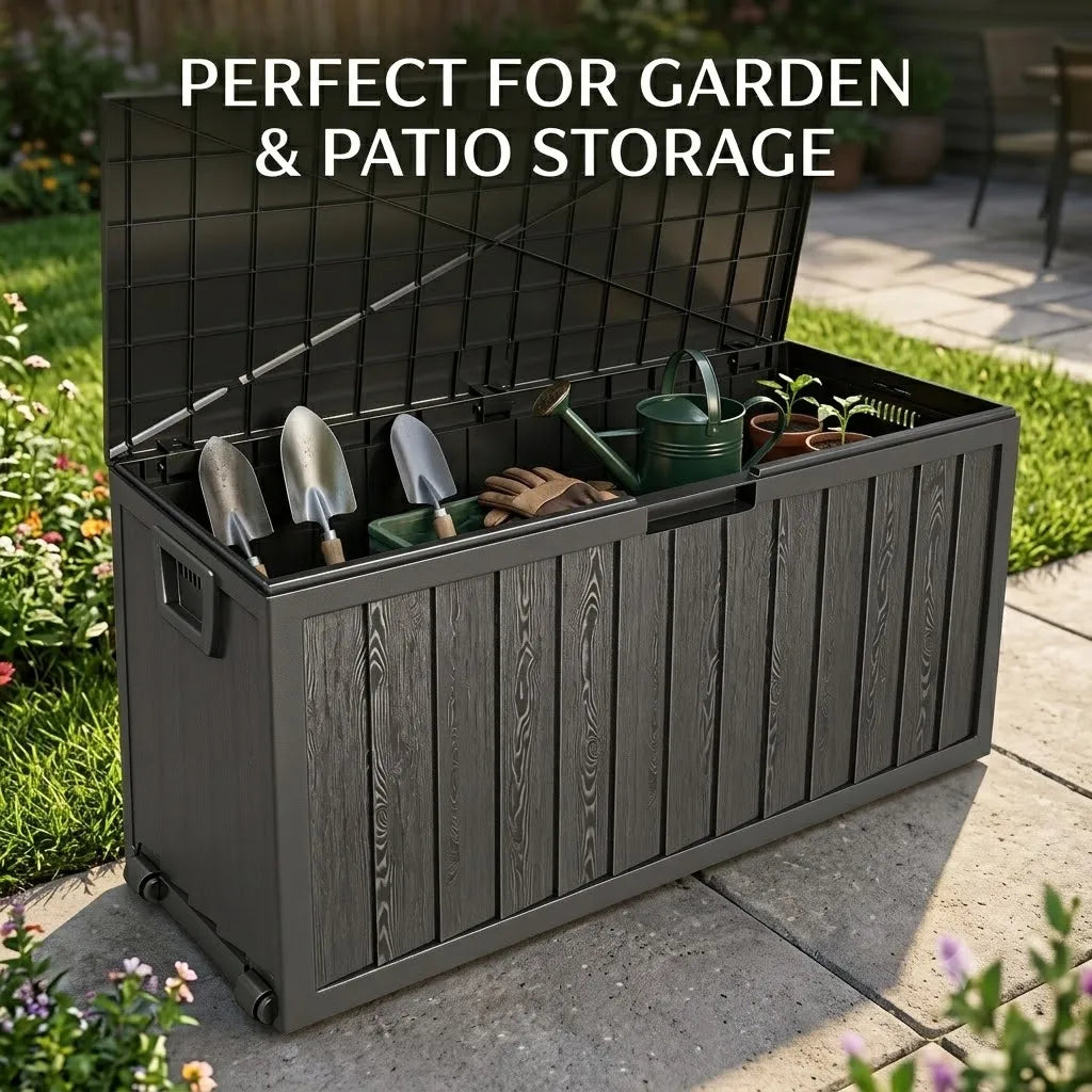 Oversize 44.09×18.90×21.26 Inch Outdoor Plastic Storage Box, Beige Heavy Duty Tool Chest with 6 Split Panels. Comes with 3 latches, 2 connecting ropes & 2 rolling wheels. Waterproof UV-resistant hard plastic, large capacity