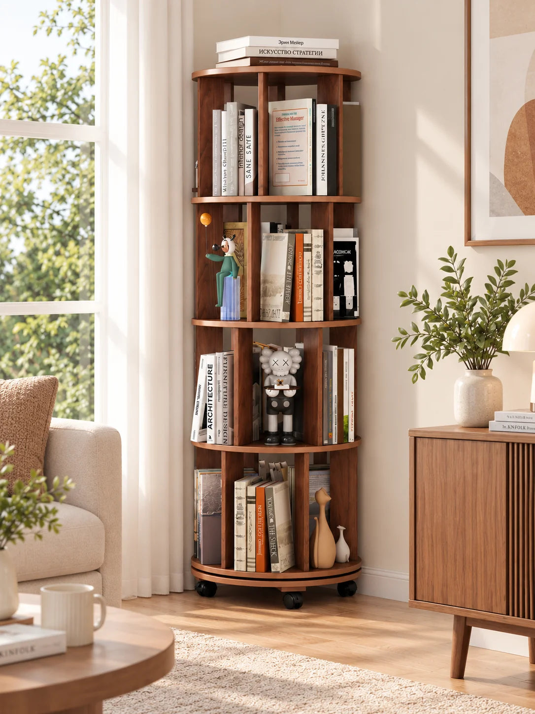 Walnut Wood Rotating Bookshelf on Wheels 360° Spinning Round Bookcase Organizer for Small Spaces Bedroom Kids Room Home Office
