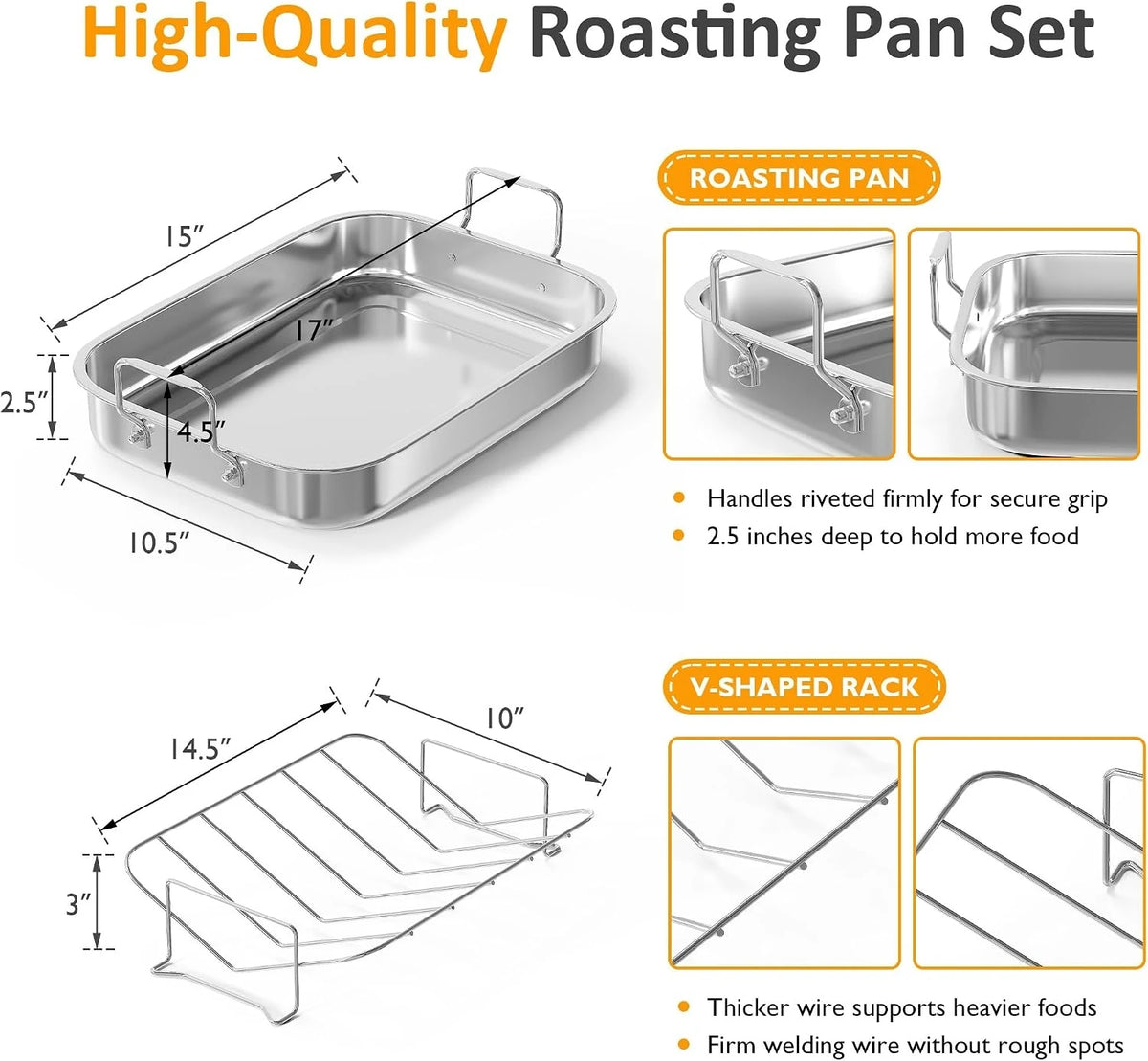 15.6'' Roasting Pan With V-Shaped Rack, Heavy Duty Non-Stick Stainless Steel Roaster For Turkey, Lasagna Pan With Handles