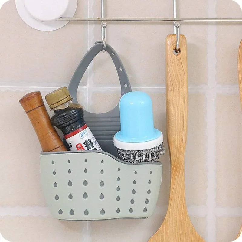 Kitchen Sink Caddy Sponge Holder Silicone Plastic Soap Holder Hanging Ajustable Strap Faucet Caddy with Drain Holes for Drying