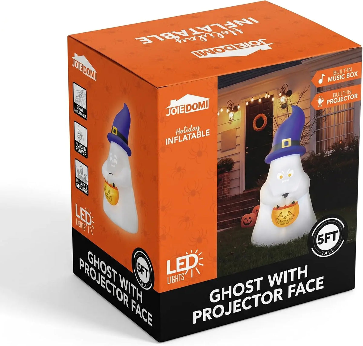 5FT Halloween Inflatable Witch Ghost Decor with Projector Face and Music Halloween Blow Up Yard Decoration with 8 Expressions Projection and Music Box for Party Outdoor Garden Lawn Decor