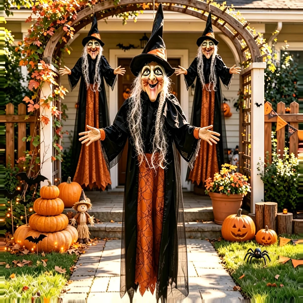 3D Halloween Glowing Witch Decoration Life Size Human Height Oversized Standing Design Black Gauze Robe Pumpkin Lantern Porch Scene Display Terrifying Holiday Atmosphere