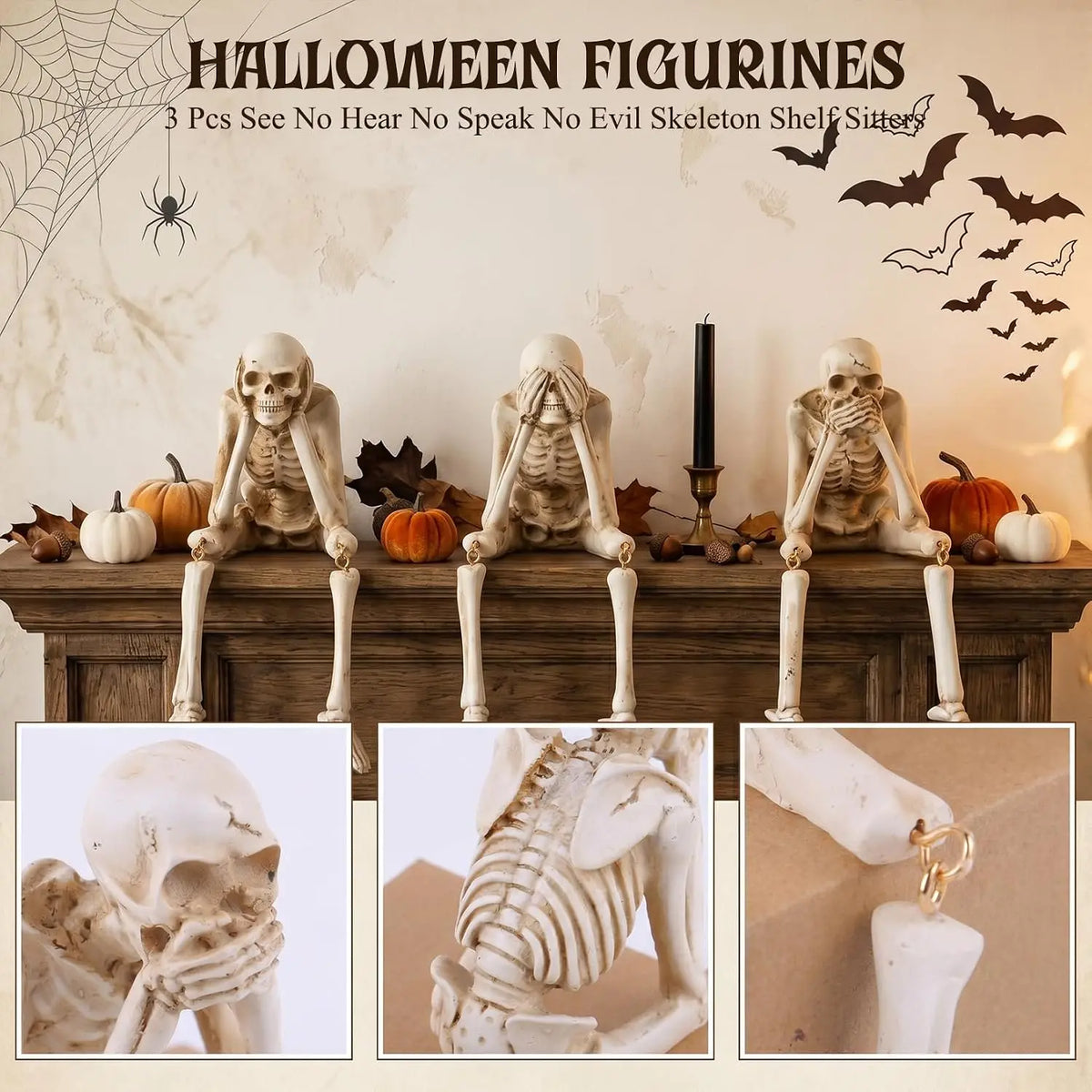 3PCS Halloween Skeleton Figurines Set Full Body Skeleton H  Movable Joint Plastic Hanging Skull Ornament for Haunted House Party Supplies