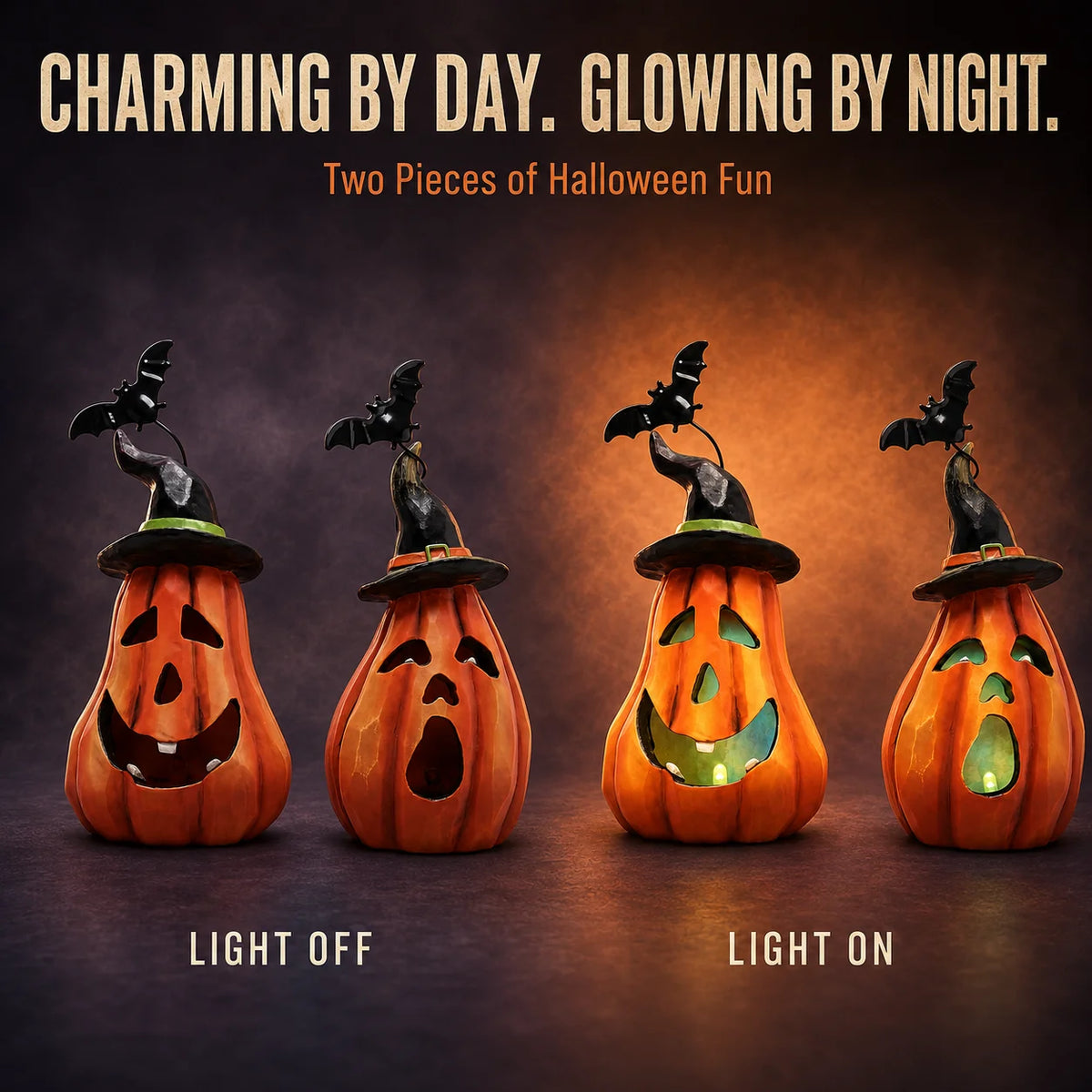 Hodao Resin Halloween Pumpkin Figurine Set, 2-Piece LED Light Up Jack-o'-Lantern Decor with Witch Hat & Black Bat Accents, Spooky Glowing Tabletop Figure Model for Shelf Mantel Display, Collectible Fall Seasonal Home Decorati