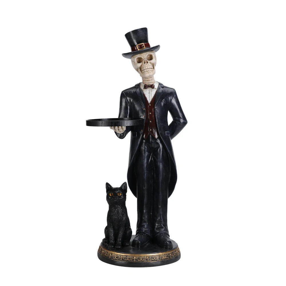 Halloween Skeleton Butler Floor Statue with Serving Tray and Black Cat for Home Entryway