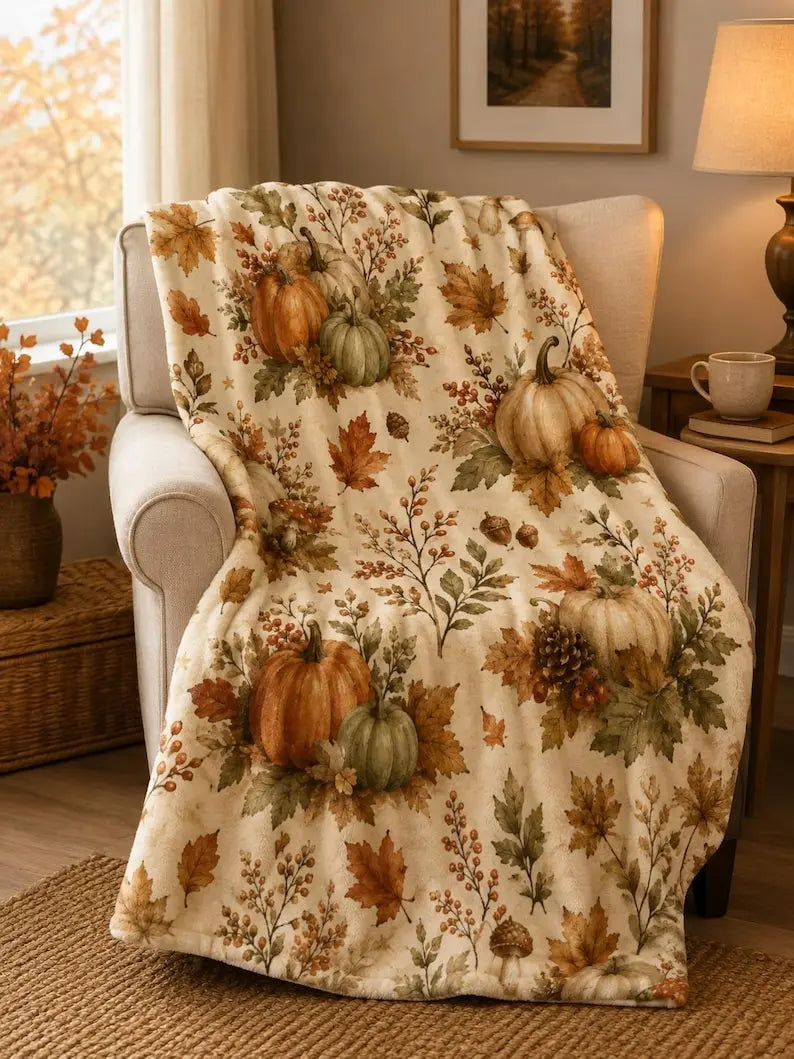 Autumn Pumpkins Velveteen Plush Blanket |   Fall Leaves Acorns Cozy Throw