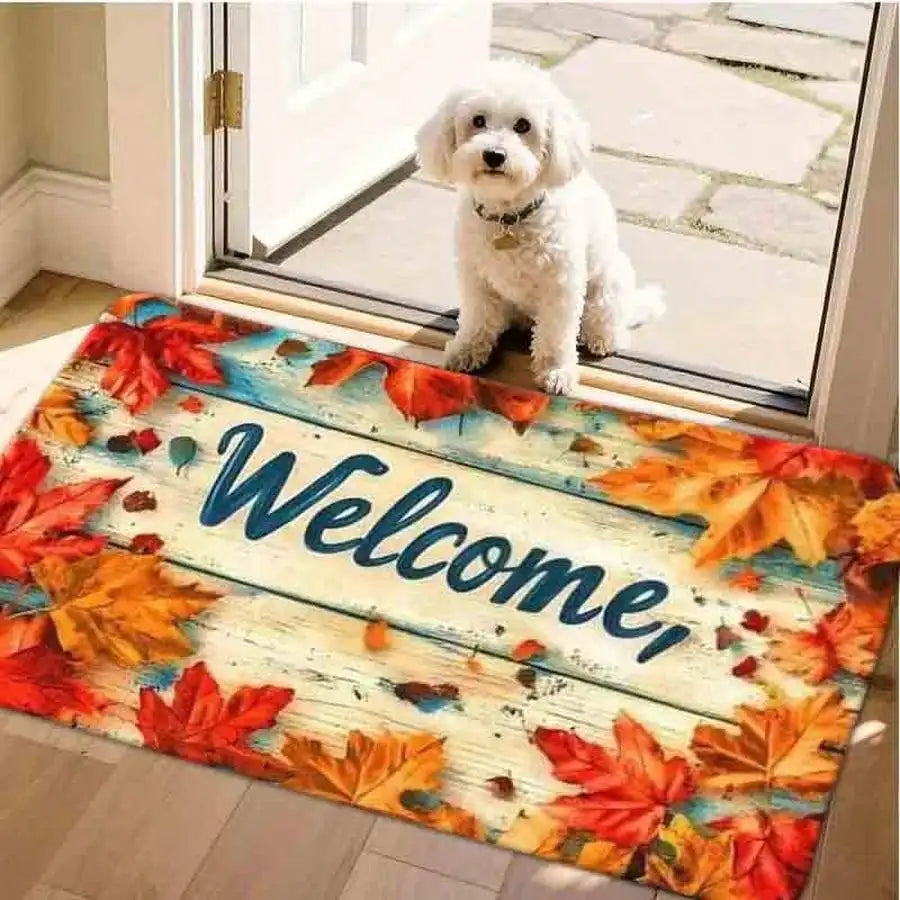 1pc Flannel Floor MatRustic Distressed Wooden Welcome Doormat With Vibrant Autumn Maple Leaves Fall Harvest Decorative Floor MatNon-Slip, Machine Washable, Soft