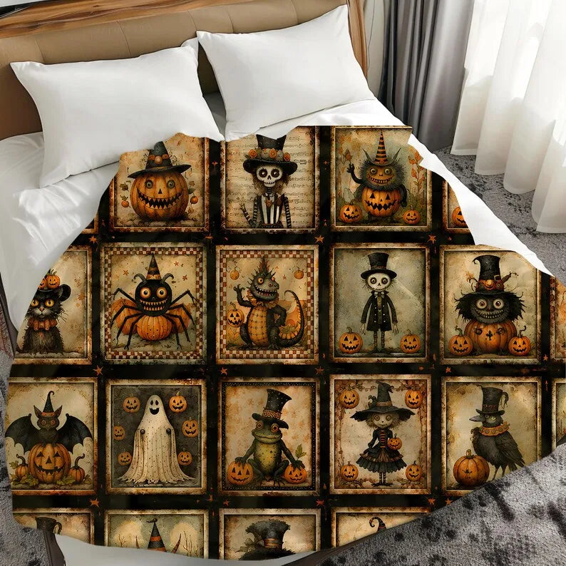 Spooky Vintage Halloween Patchwork Blanket |   Velveteen Plush Blanket