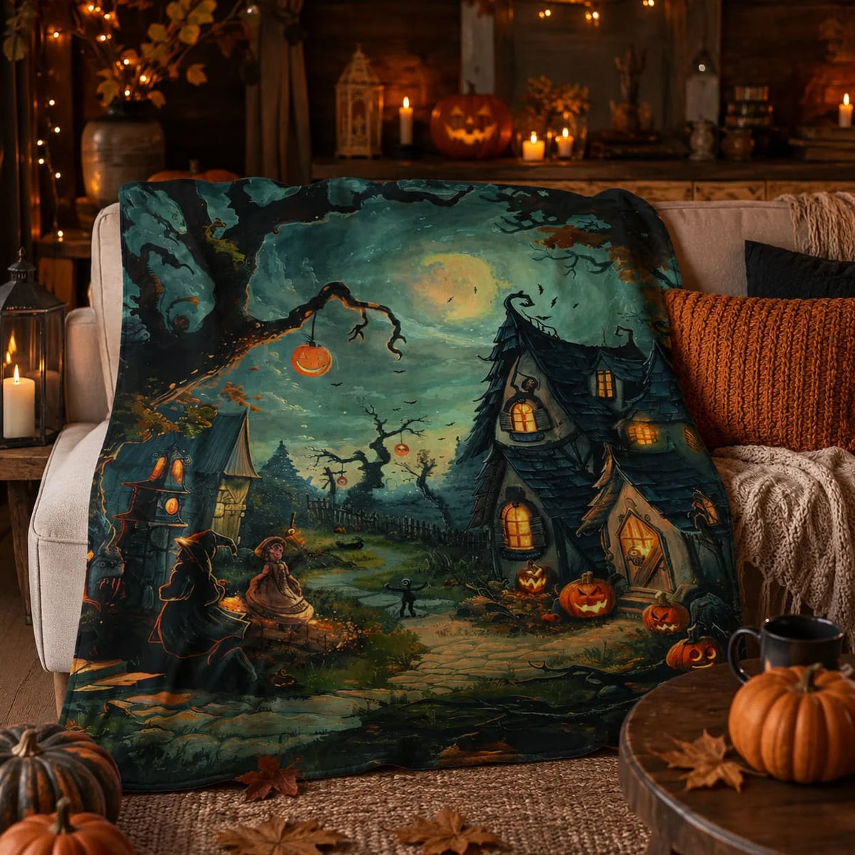 Halloween Blanket: Haunted Village and Pumpkin Scene (Cozy Throw Sizes)