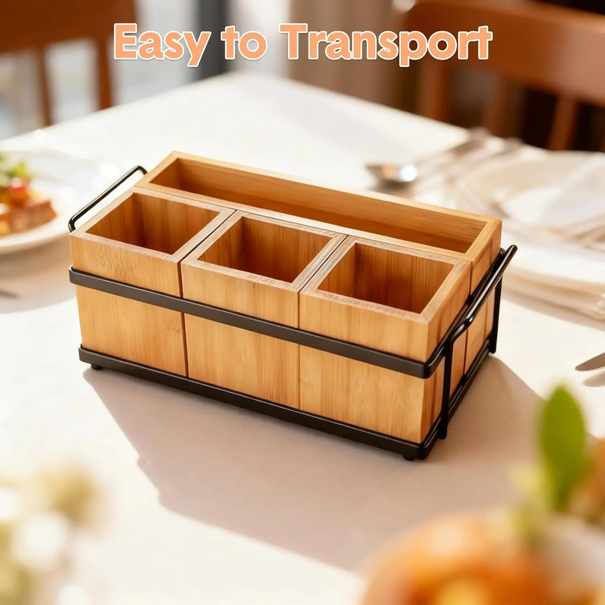 Garvee Wood Kitchen Utensil Holder Spoon Fork Tableware Metal TrayStorage Rack Container 4 Removable Compartments Utensil Caddy Organizer Silverware Holder for Kitchen, Buffet, Picnic, Camping