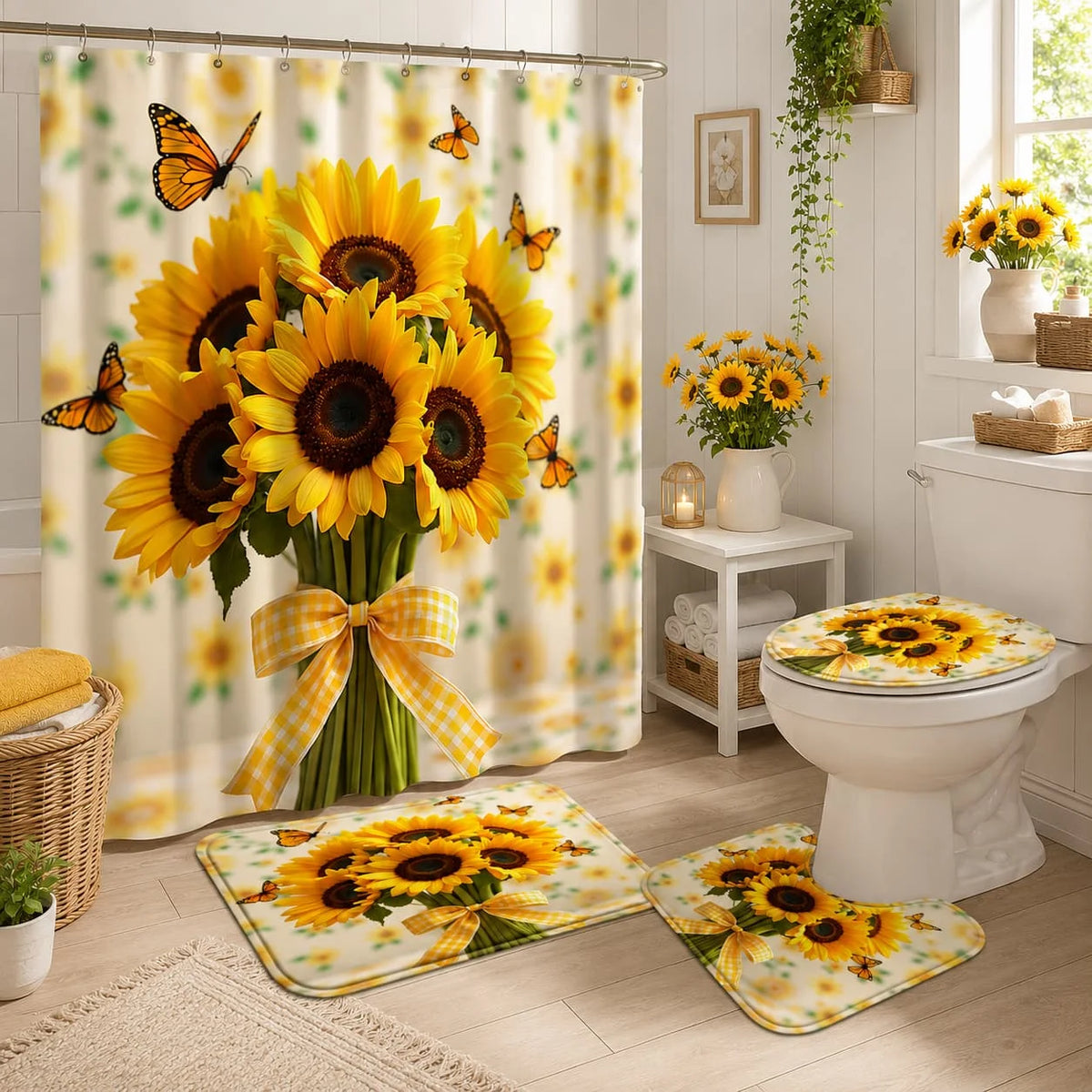 4pcs Sunflower And Butterfly Printed Shower Curtain Set - High-Quality Shower Curtain with 12 Hooks, Non-Slip, Toilet And U-Shaped - Modern Decorative Bathroom