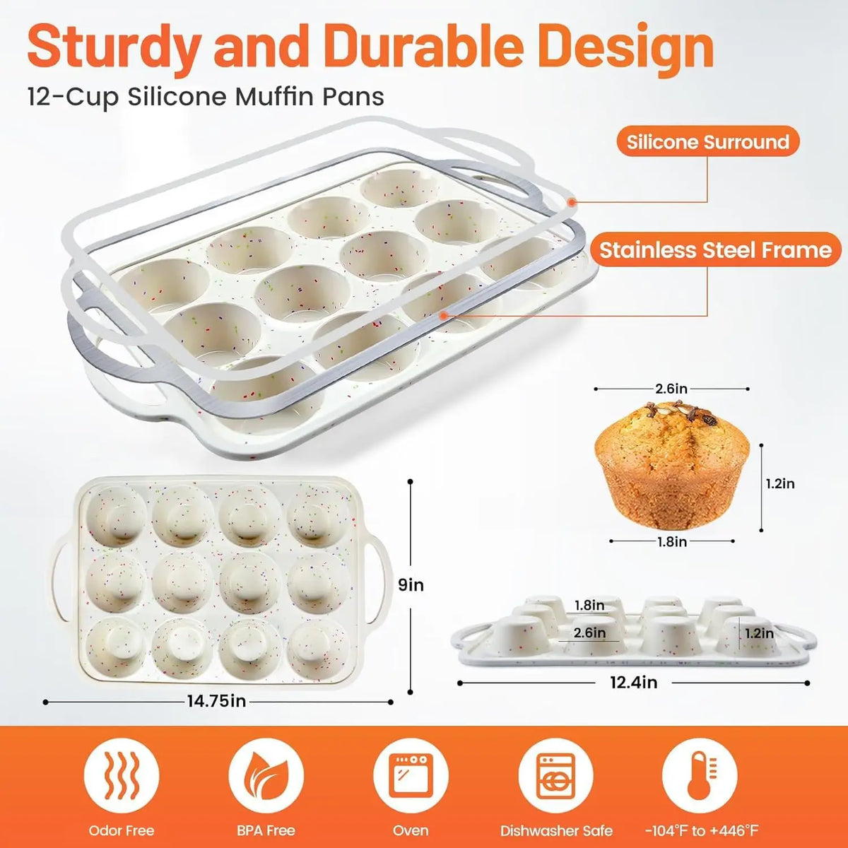`12-Cup Silicone Muffin Pan with Reinforced Steel Frame, Non-Stick Baking Tray for Muffins Cupcakes Egg Tarts and Brownies`