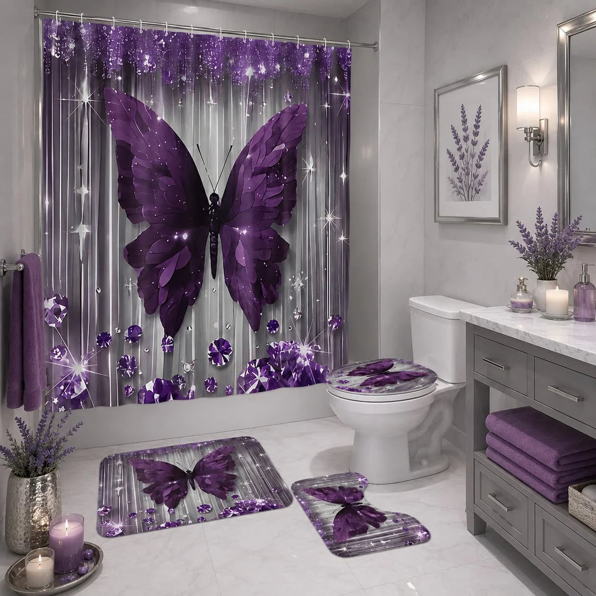 4pcs Purple Butterfly Bathroom Set with Shower Curtain, Non-Slip Rug & Toilet Cover - Machine Washable Suitable for Bath Decor, U-Shaped Mat, Hooks Included, Complete Bath Accessories for And