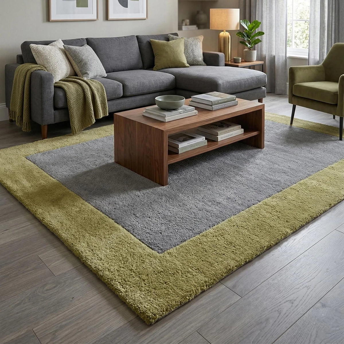 Room Decor Rug  H1andmade Tufted Area Rug  Grey Chartreuse Border Shaggy Carpet, custom size 9x12 10x14