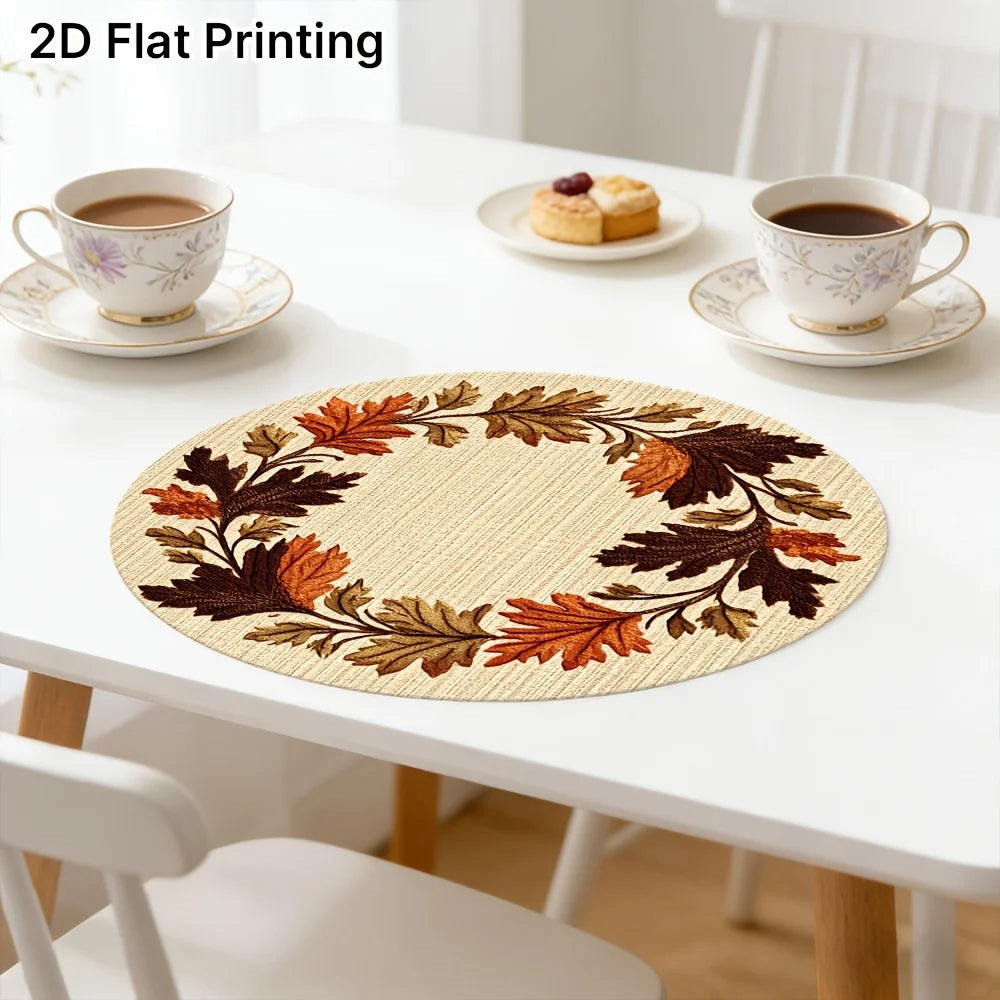 Set of 6 Round Placemats with Wooden Autumn Leaf Wreath, Non-slip Design, Ideal for Minimalist Table Decor, Suitable for Hotels, Restaurants, Festivals, Parties or Family Gatherings