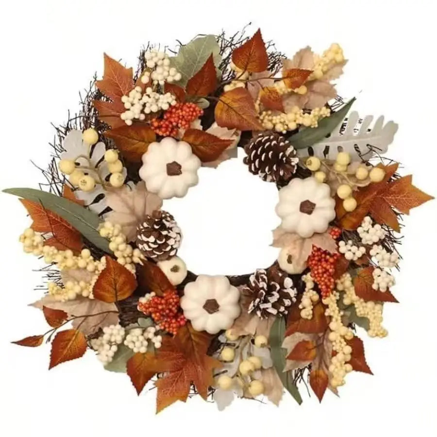 Thanksgiving Decor Wreath, 15.75 Inch Fall Wreath, Front Door Autumn Wreath with Pumpkins, Pinecones, Maple Leaves, Berries and Flowers, Harvest Wreath for Indoor Outdoor Home Decoration